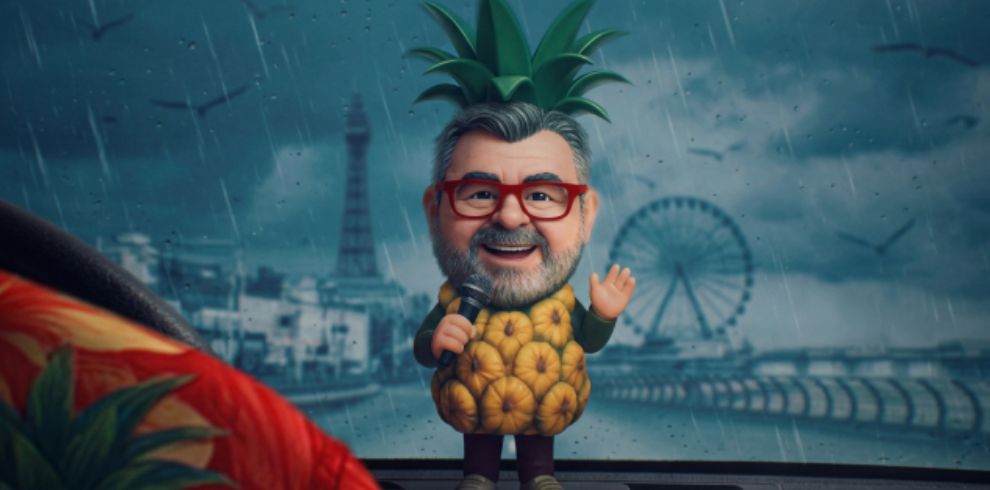 Cartoon-style character dressed in a pineapple costume standing on a promenade during heavy rain, viewed through a vehicle windscreen. A seaside amusement wheel and tower are visible in the stormy background, while a person wearing a red shirt with a pineapple pattern appears partially in the foreground. Dark clouds, rain streaks, and coastal scenery create a dramatic atmosphere.