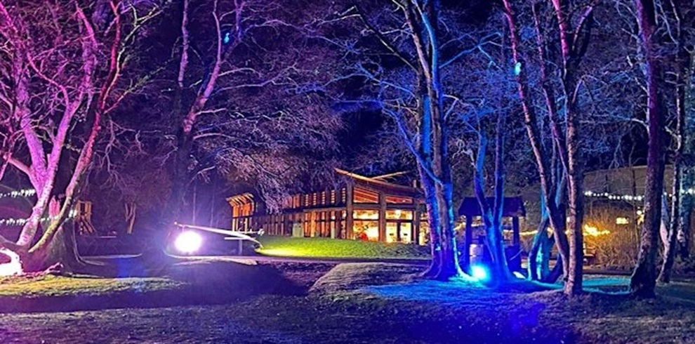 A modern lodge-style building glows with warm interior light in a wooded setting at night. Bare trees in the foreground are illuminated with vibrant purple, pink, and blue uplighting, creating a colorful contrast against the dark sky. A brightly lit pathway curves toward the building, while additional lights highlight the surrounding landscape, giving the scene a festive outdoor event atmosphere.