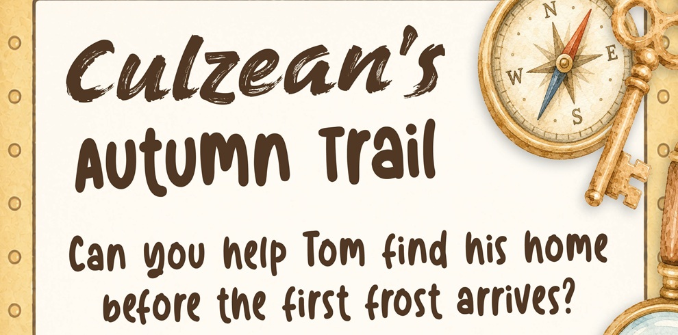Promotional graphic for “Culzean’s Autumn Trail.” The design resembles an old treasure map or parchment framed with brass rivets. Large brown text reads: “Culzean’s Autumn Trail” and “Can you help Tom find his home before the first frost arrives?” Decorative vintage items, including a compass and antique keys, appear around the edges in warm autumnal tones of cream, gold, and brown.