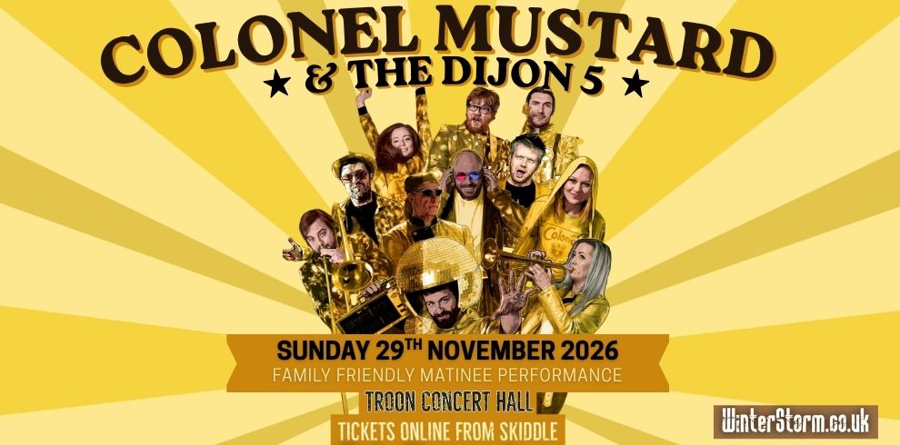 Vintage concert poster for Colonel Mustard & The Dijon 5, featuring yellow and brown retro graphics, black star accents, a Troon Concert Hall logo, and details for a family-friendly matinee performance on Sunday 29 November 2026. Tickets are available online through Skiddle.