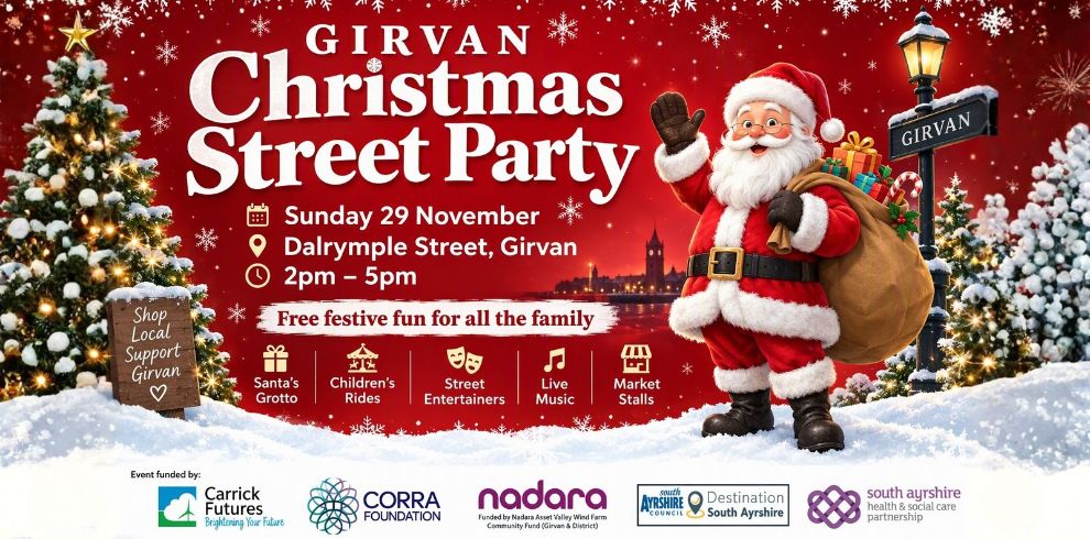 Promotional banner for the Girvan Christmas Street Party featuring a festive red background with falling snow and decorative white snowflakes along the top. Large white text advertises the event, including the date, location and time: Sunday 29 November, Dalrymple Street, Girvan, 2pm–5pm. A large Santa Claus carrying a sack of presents stands on the right side beside a Girvan signpost and snow-covered street lamp. The banner highlights free family activities including Santa’s Grotto, children’s rides, street entertainers, live music and market stalls. Snow-covered Christmas trees frame the scene, and sponsor logos are displayed in a white panel along the bottom.