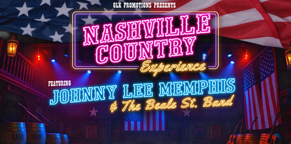 Promotional banner for the "Nashville Country Experience" featuring a large American flag backdrop, neon-style pink and white event title inside a glowing sign frame, and performer details reading "Johnny Lee Memphis & The Beale St. Band" in bright blue and gold neon lettering. The background shows a country music venue with stage lighting in red, blue and purple tones, hanging lanterns, guitars, wooden barrels and American flags, creating a vibrant Nashville honky-tonk atmosphere.