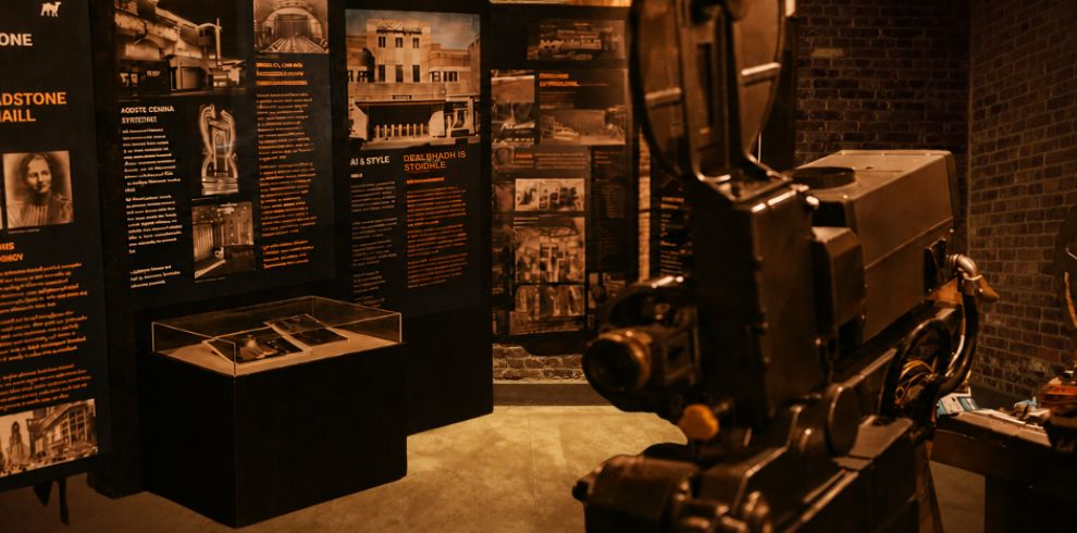 Interior view of a museum exhibition featuring a large vintage television camera in the foreground. Informational display panels with historic photographs, text and artefacts line the walls, highlighting the history of broadcasting and media. Warm lighting and dark-toned exhibition displays create an immersive heritage setting.