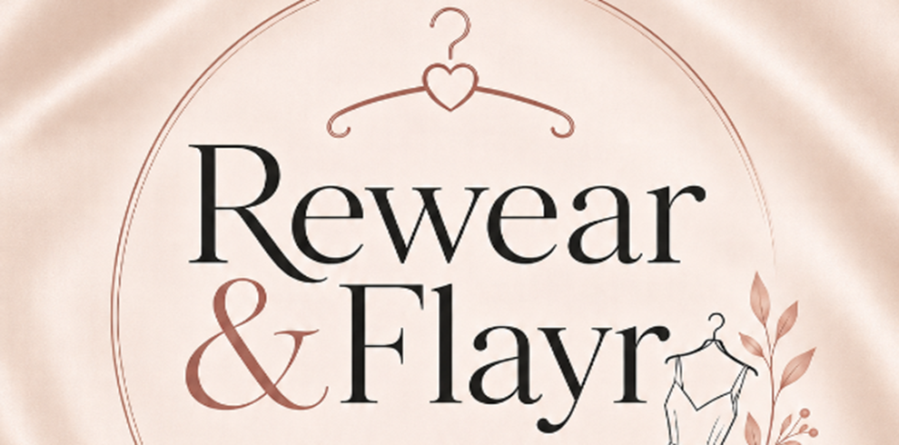 Logo for Rewear & Flayr, featuring elegant black and blush-pink text inside a soft beige circular design. A heart-shaped clothes hanger appears above the business name, with a simple clothing illustration and delicate leaf motifs decorating the lower right corner. The overall design has a minimalist, sustainable fashion aesthetic in neutral tones.