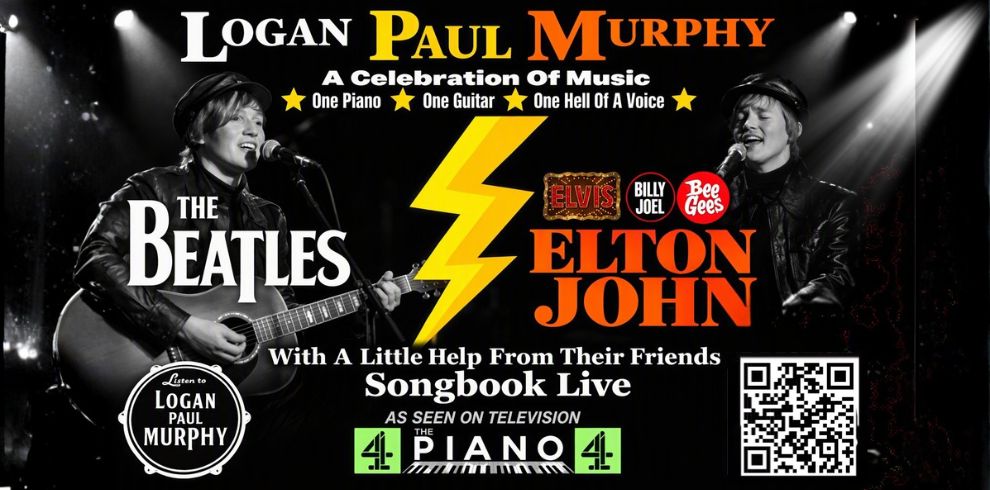 Promotional poster for Logan Paul Murphy's live theatre concert show. The design features monochrome performance photographs of Logan singing and playing guitar and piano, with a large yellow lightning bolt at the centre. Text highlights music by The Beatles and Elton John, along with songs from artists including Billy Joel, Elvis Presley, Jerry Lee Lewis, Neil Sedaka and the Bee Gees. The poster promotes a celebration of classic pop and rock music, featuring piano, guitar and live vocals, and includes references to Logan's television appearances on The Piano. A QR code and event branding appear at the bottom of the design.