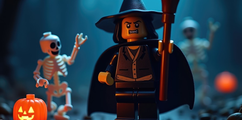Close-up photograph of a Halloween-themed LEGO scene. In the foreground, a LEGO minifigure dressed in a dark witch costume with a pointed hat and cape stands holding a broomstick. A small orange pumpkin lantern with a carved face sits nearby. In the background, two LEGO skeleton figures are visible, slightly out of focus, with one appearing to wave. The scene is illuminated with dramatic blue and orange lighting, creating a spooky atmosphere. The image features a shallow depth of field, with the witch figure sharply in focus against a blurred Halloween backdrop.