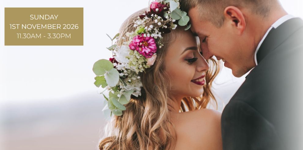 Promotional image for the Ayrshire Wedding Fayre. This image shows a close-up of a wedding couple with floral arrangements and event details displayed: "Sunday 1st November 2026, 11.30am - 3.30pm".