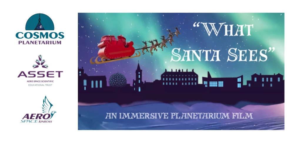 Santa on his sleigh in the night sky. Overlayed text reads 'What Santa Sees'
