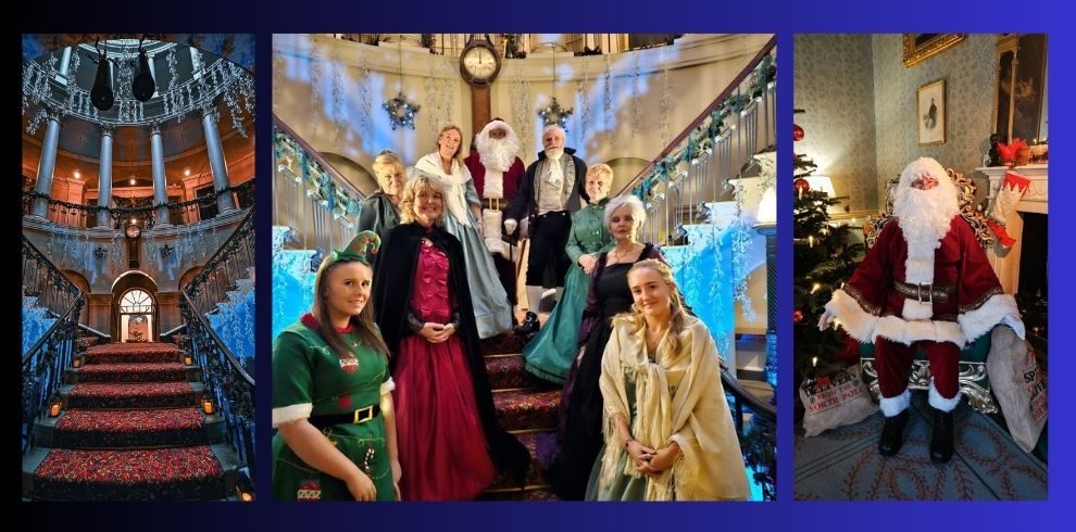 The left image shows the grand staircase of Culzean Castle, adorned with holiday lights and decorations, creating a warm and inviting atmosphere. The central image features costumed performers dressed as holiday characters standing on the stairs, including characters resembling Santa Claus, elves, and figures from fairy tales, all smiling for the photo. The right image shows Santa Claus seated by a decorated Christmas tree in a cozy room, next to a fireplace with festive decor. The text "Festive Weekend's at Culzean Castle" is styled in white cursive font at the bottom center of the graphic.