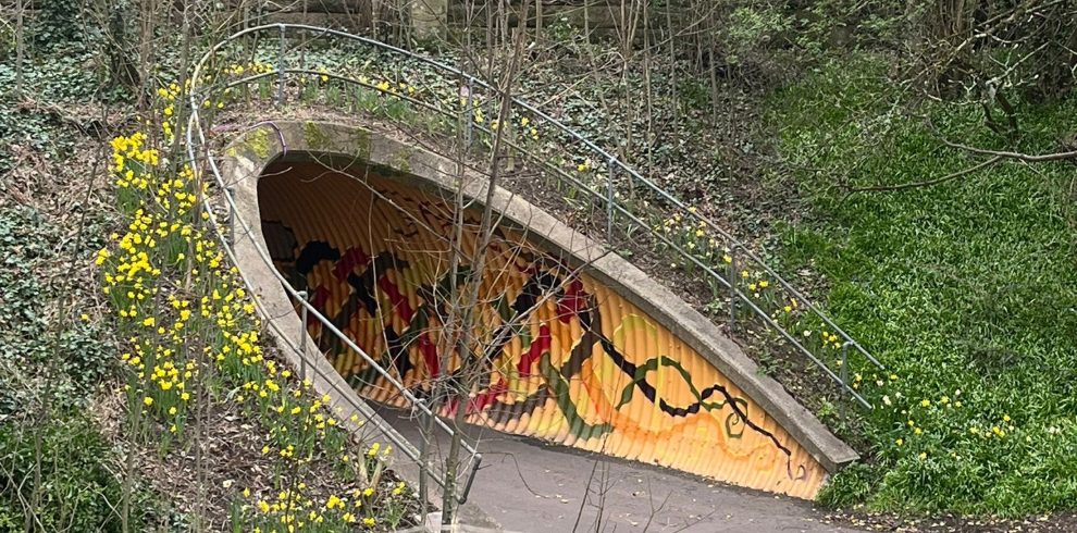 Entrance to a tunnel painted with colourful graffiti.