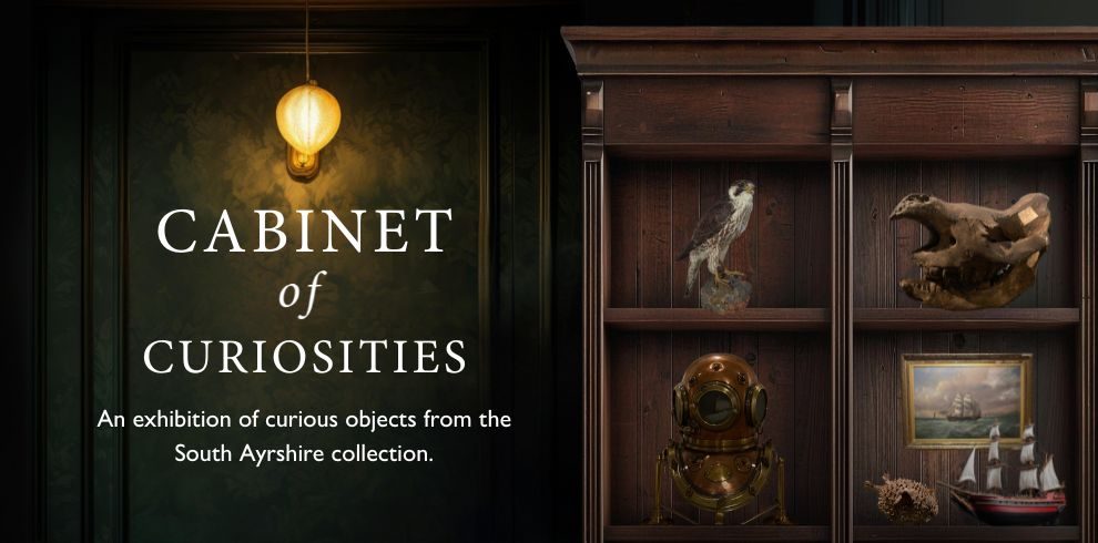 This image depicts a dark wooden cabinet with a variety of unusual and intriguing objects displayed on its shelves. The title "CABINET of CURIOSITIES" is prominently shown to the left, along with the text "An exhibition of curious objects from the South Ayrshire collection." The cabinet contains objects such as a taxidermied bird, a wooden sculpture of a strange, open-mouthed creature, an old-fashioned deep-sea diving helmet, a painting of a sailing ship, and a small model ship. A single hanging lamp with a warm glow illuminates the scene. The overall tone is mysterious and vintage, evoking a sense of historical discovery.