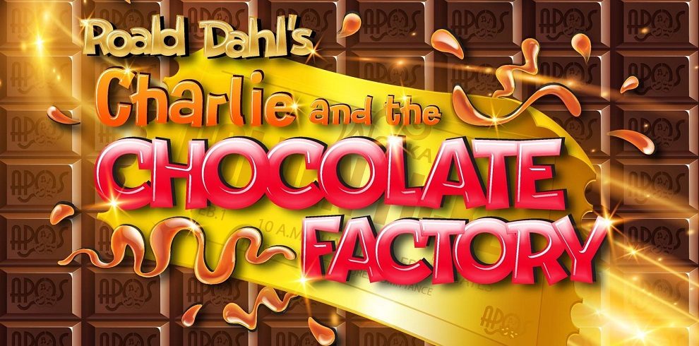 A chocolate themed picture that says Roald Dahl's Charlene and the Chocolate Factory.