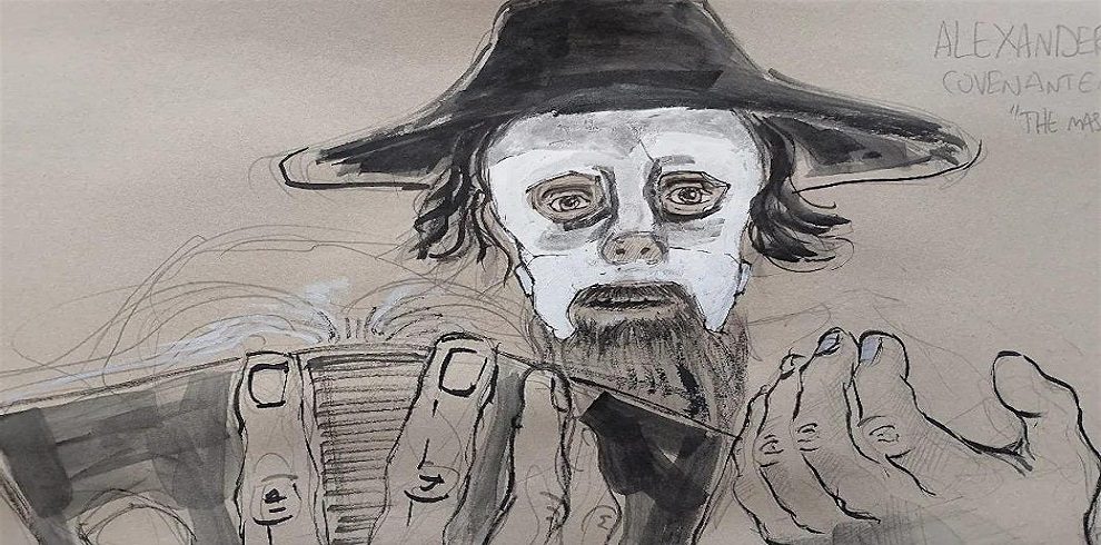 A haunting piece of art work showing a man in a hat witha beard and white face.