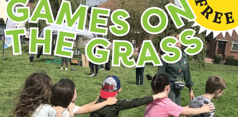 A picture of a group of children enjoying themselves outside. The title says Games on the Grass.