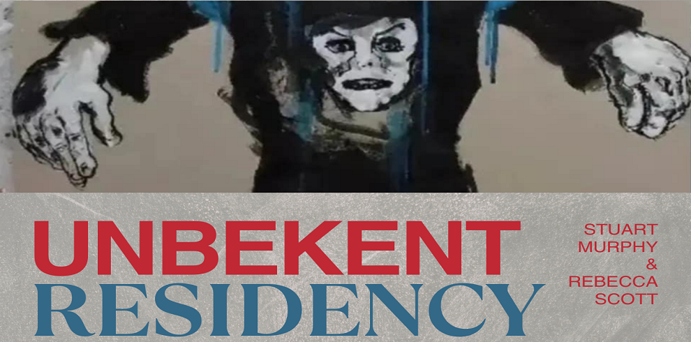 The promotional flyer for the Unbekent Residency Project features an abstract and expressive artwork at the top, showcasing a dark figure with exaggerated facial features and hands, painted in a rough and textured style. Below the artwork, the text "UNBEKENT RESIDENCY" is displayed in bold red and blue uppercase letters, with the names "Stuart Murphy & Rebecca Scott" aligned to the right in a smaller red font. The background has a subtle textured gray tone, complementing the overall artistic and dynamic design.