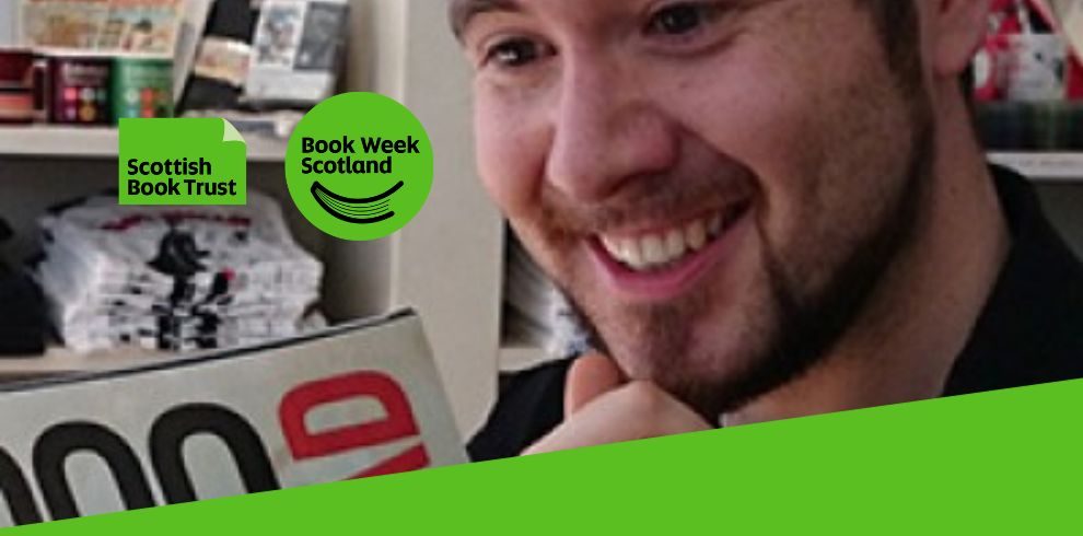 A picture of Tom Foster reading a comic and a logo of the Scottish Book Trust and the logo of Book Week Scotland.