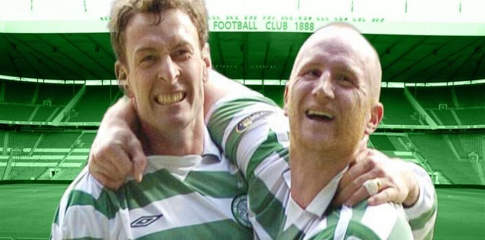 A picture of John Hartson and Chris Sutton cuddling.