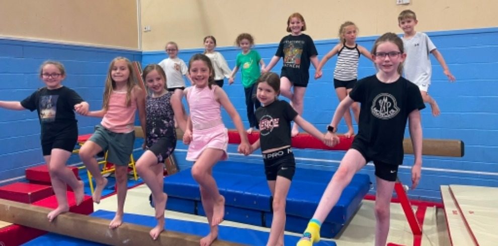 A group of children in a gym hall sitting on equipement.