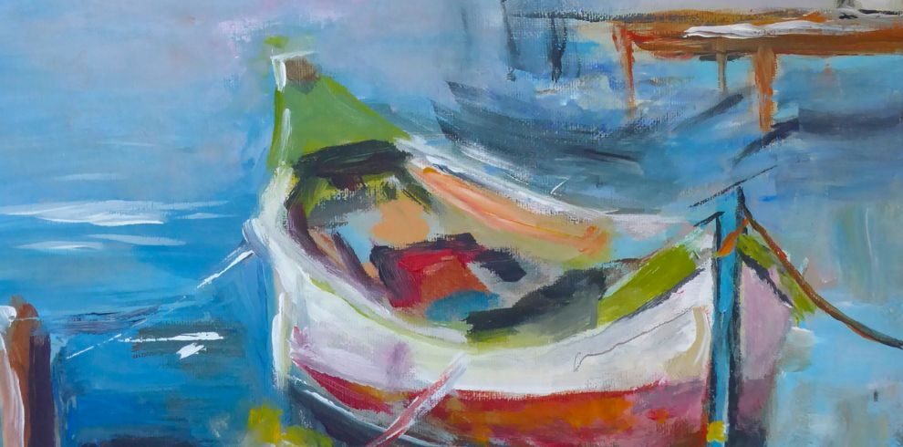 Painting of a small boat in water.