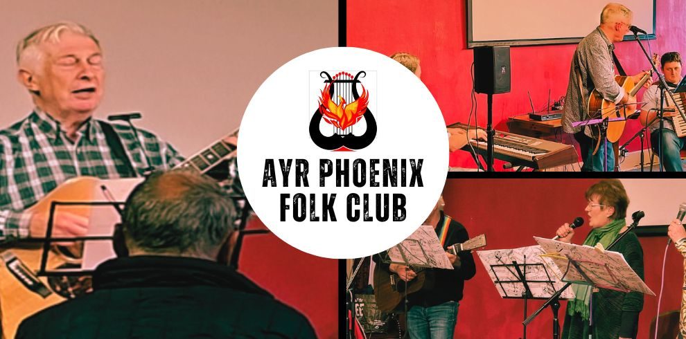 Collage of folk musicians playing their instruments. Ayr Phoenix Folk Club