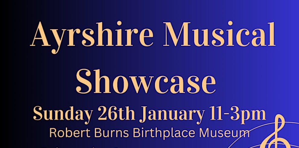 Promotional leaflet that says Ayrshire Musical Showcae in gold font with a nacy blue background.