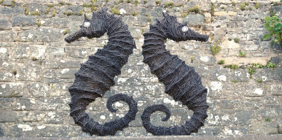 Two willow seahorses set against a stone wall.