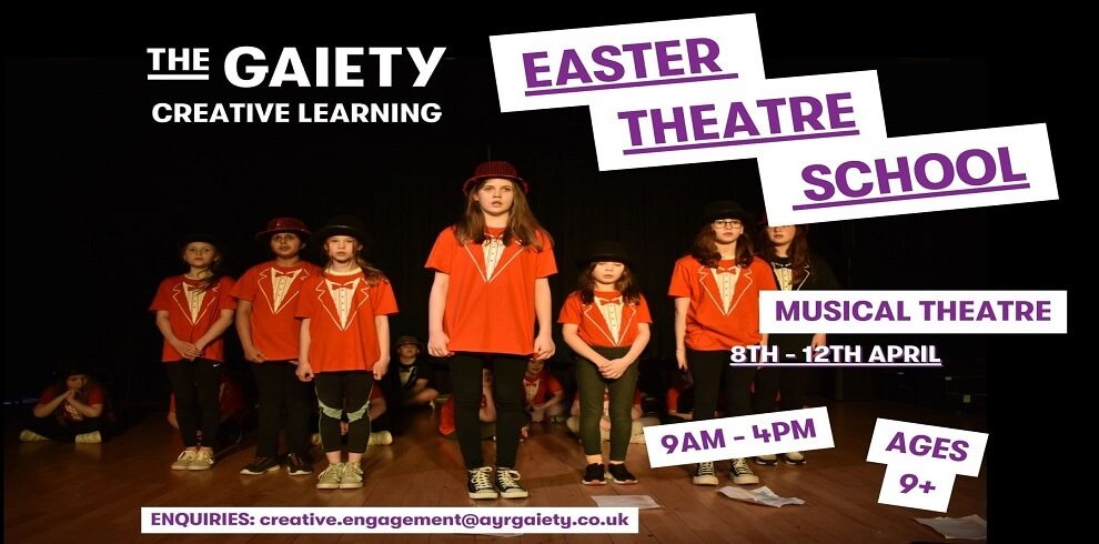 Picture of young people performing on stage. With the title Easter Theatre School.
