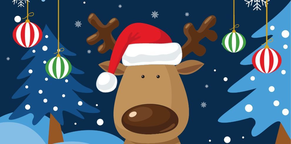 A picture of a reindeer wearing a Christmas hat. The background features a snowy Christmas scene of pine trees and red and green striped baubles.