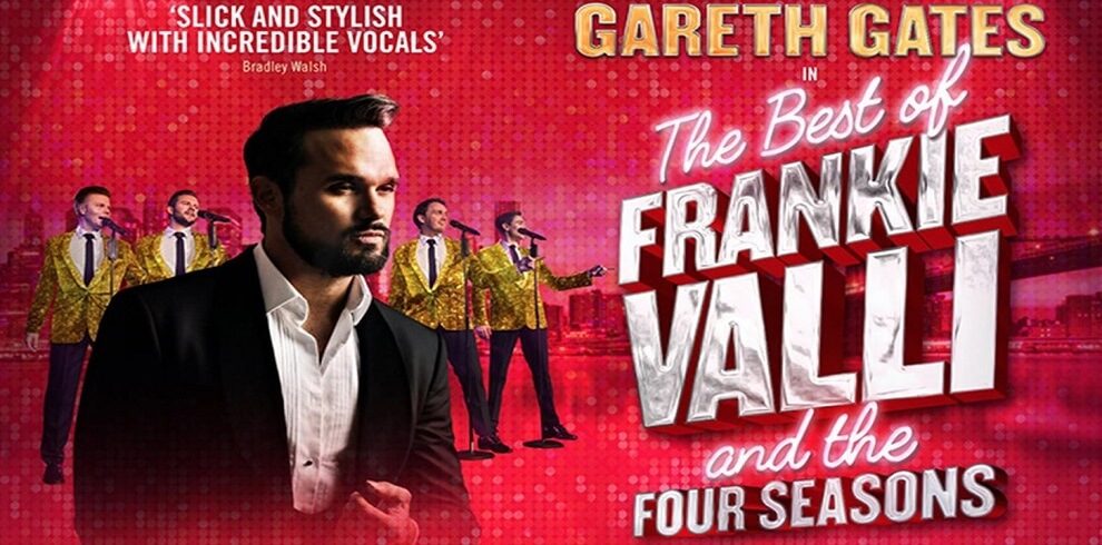 A picture of Gareth Gates as Franki Valli and the cast as the Four Seasons beind him.