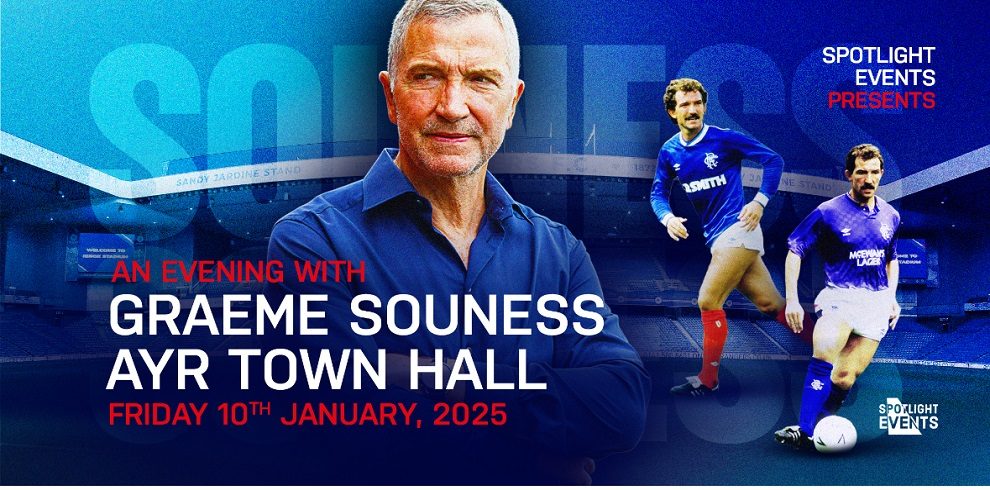 A promotional poster of Graeme Souness with a picture him as a footballer in the background and a current picture of him smiling. The text says and Evening with Graeme Souness at Ayr Town Hall.