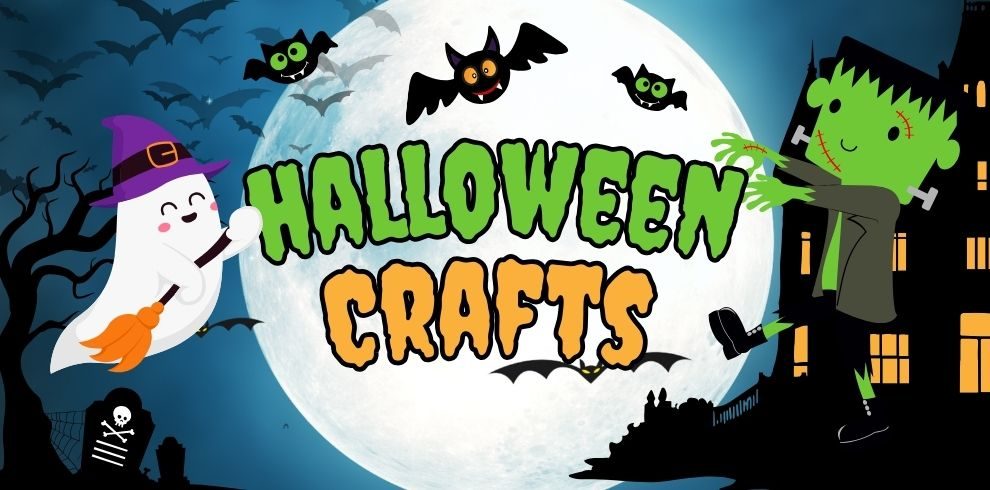 A cartoon Halloween image that says 'Halloween Crafts'.