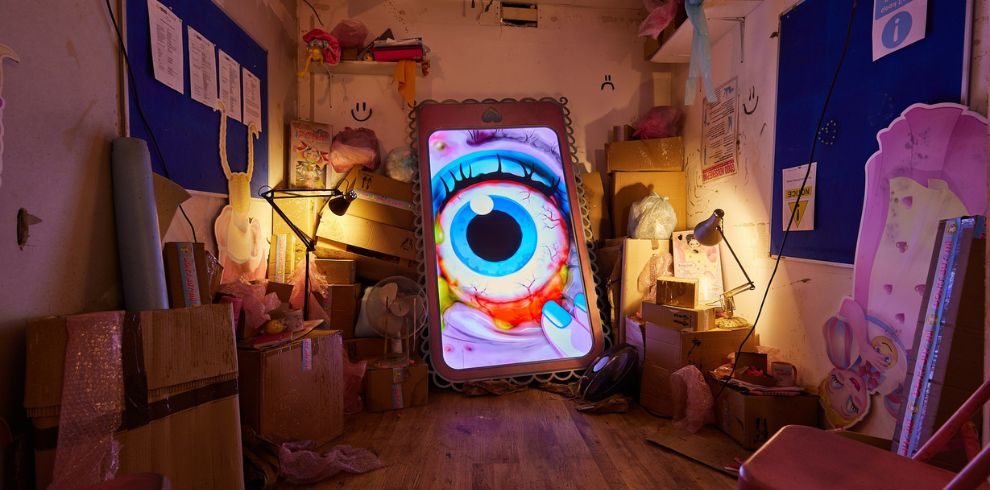 Image of Jupiter+ exhibition room with a large iPad with an eye visible on its screen.
