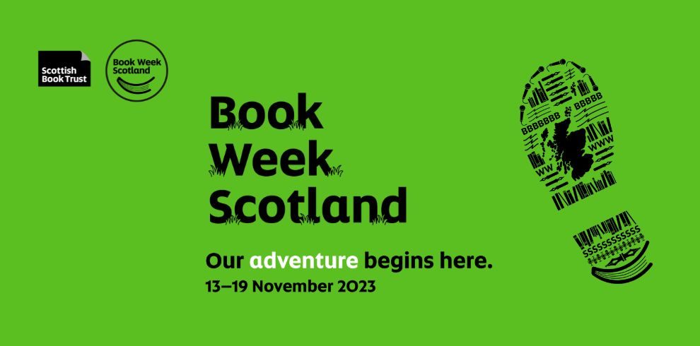 A picture of the Book Week Scotland poster with the title our adventure begins and a picture of a foot print with Scotland map.