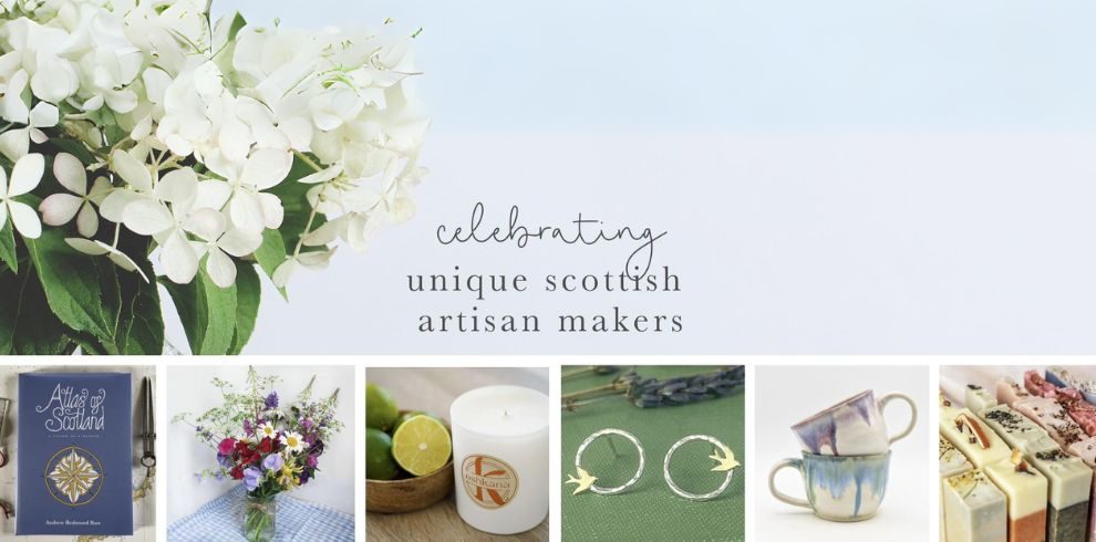 An image of a flower and images of candles, earrings and food. There is text that reads 'Celebrating unique Scottish artisan makers'.