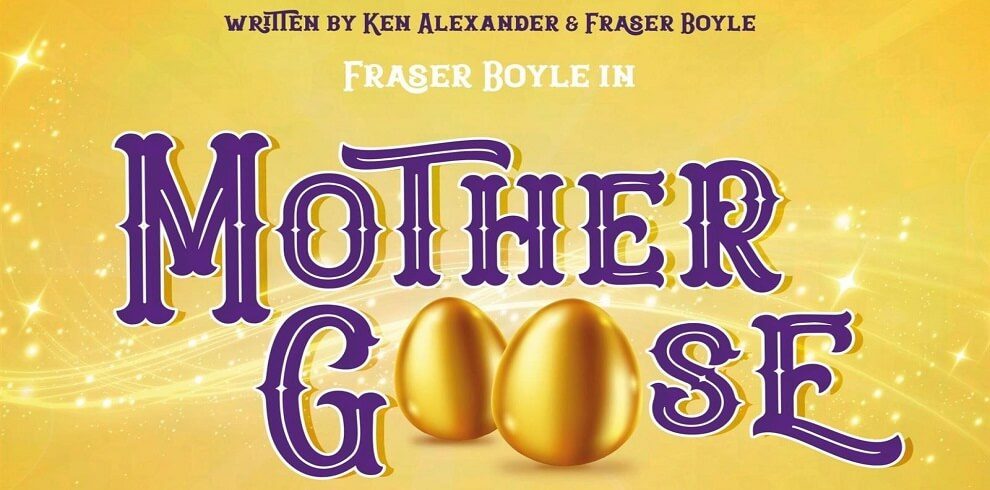 A yellow background with the title Mother Goose. with two golden eggs.
