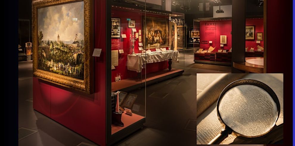 An image of the inside of a museum. An image of a magnifying glass is in the corner.