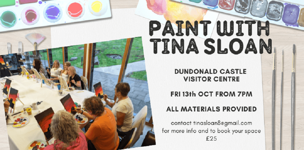 A flyer that says Pain with Tina Sloan. It shows a goup of people sitting a table painting.