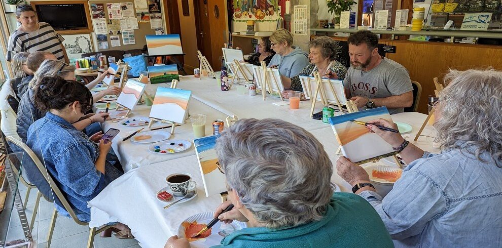A group os people sitting at a table painting.