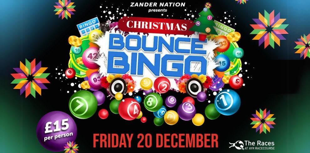 An image with bingo balls that says 'Zander Nation, Christmas Bounce Bingo, Friday 20 December.