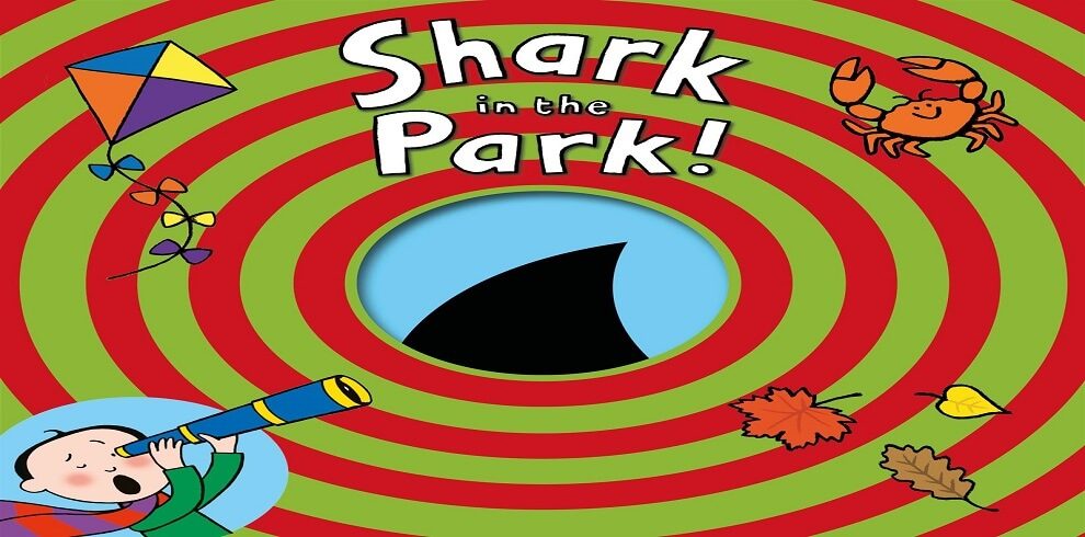 A cartoon of a baby looking through a telescope, a kite, a crab and leaves with the title 'Shark in the Park.