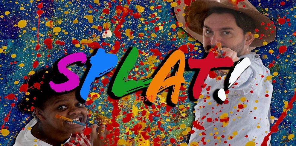 A colourful image with lots of pain splattered on a wall with two people smiling while they are splatting the paint on to the wall.