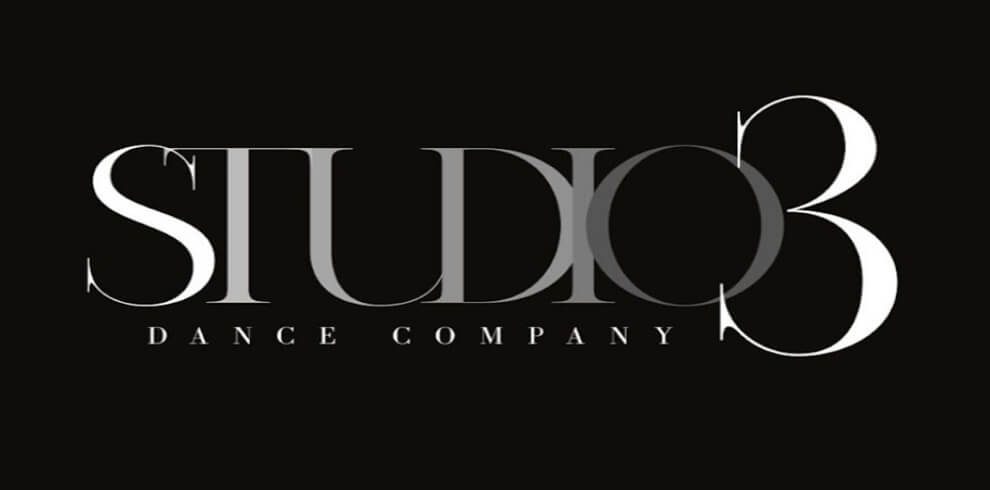 A black background with the text "Studio3 Dance Company" in white. The number three is significantly larger than the rest of the text, drawing attention to it. The design is simple and elegant, with a clear contrast between the black background and white lettering.