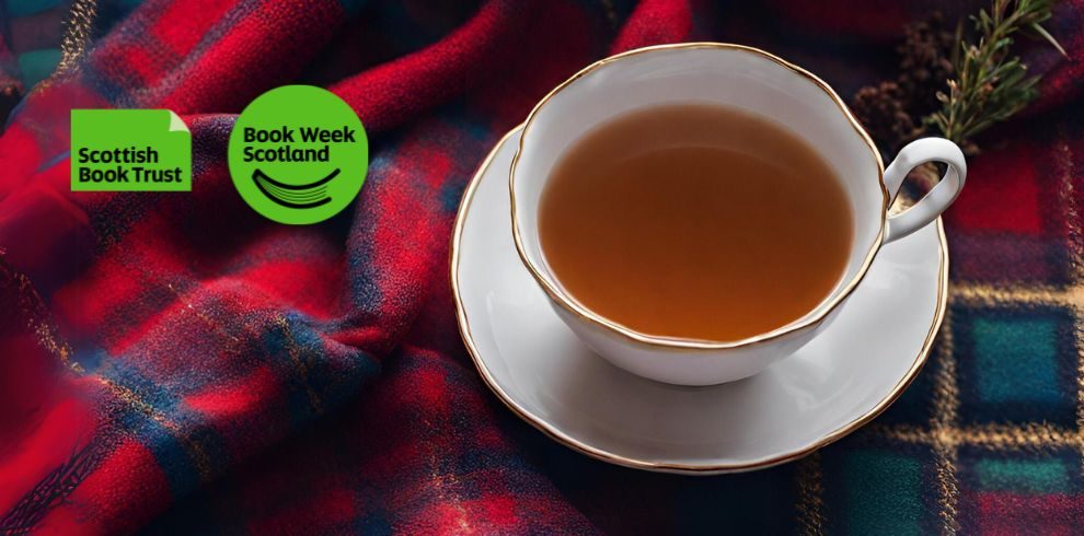 A picture of a cuppa tean sitting on a Tartan Backround with the Book Week Scotland and Scottish Book Trust logos.