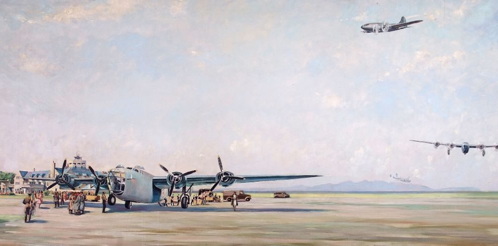 Painting of aircraft on landing strip and two aircraft in flight.