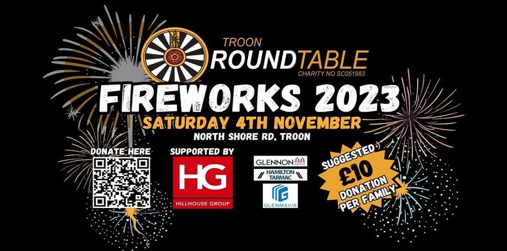 Black poster with Fireworks in the background and the heading Round Table Fireworks 2023